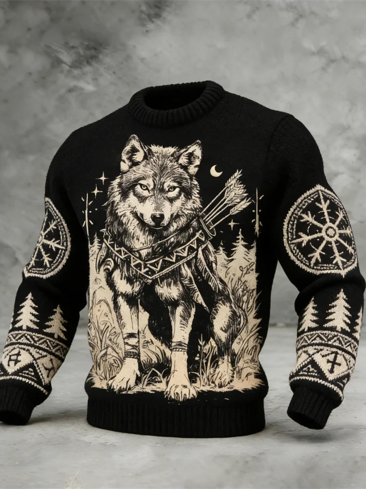 Viking Giant Wolf Animal Warrior Art Men's Knit Sweater