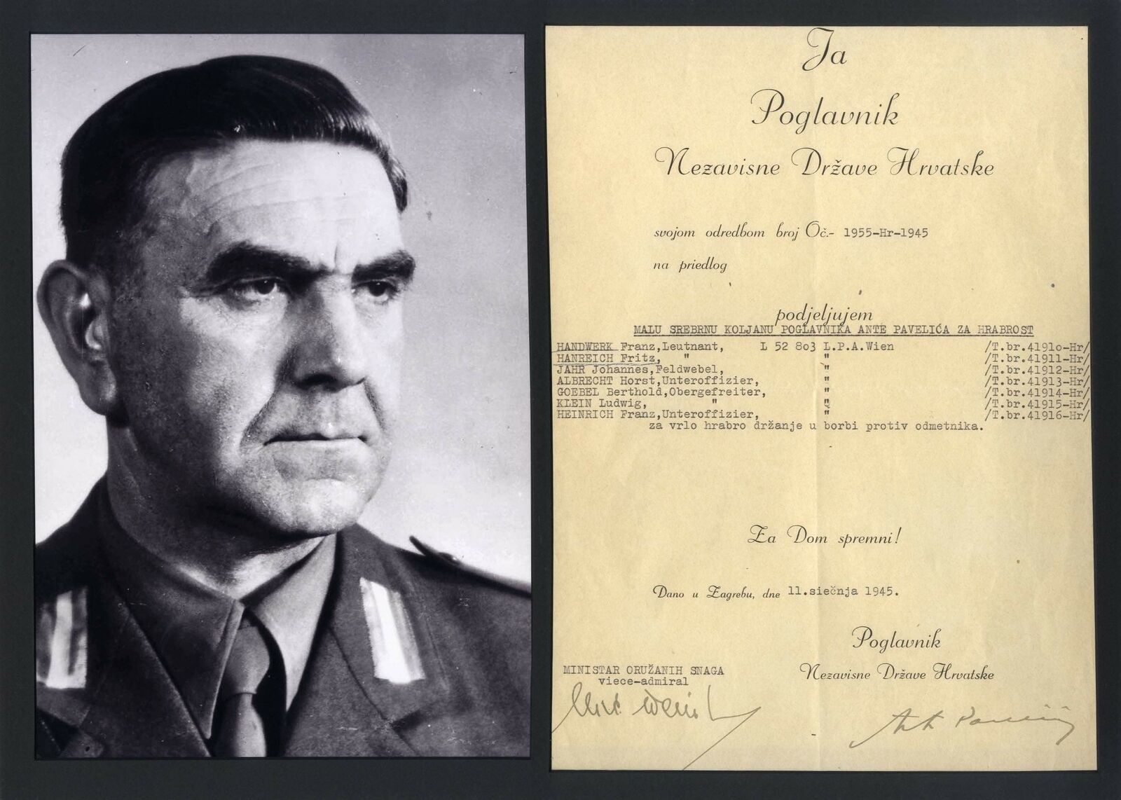 CROATIAN GENERAL WW II Ante Pavelic autograph, signed document mounted