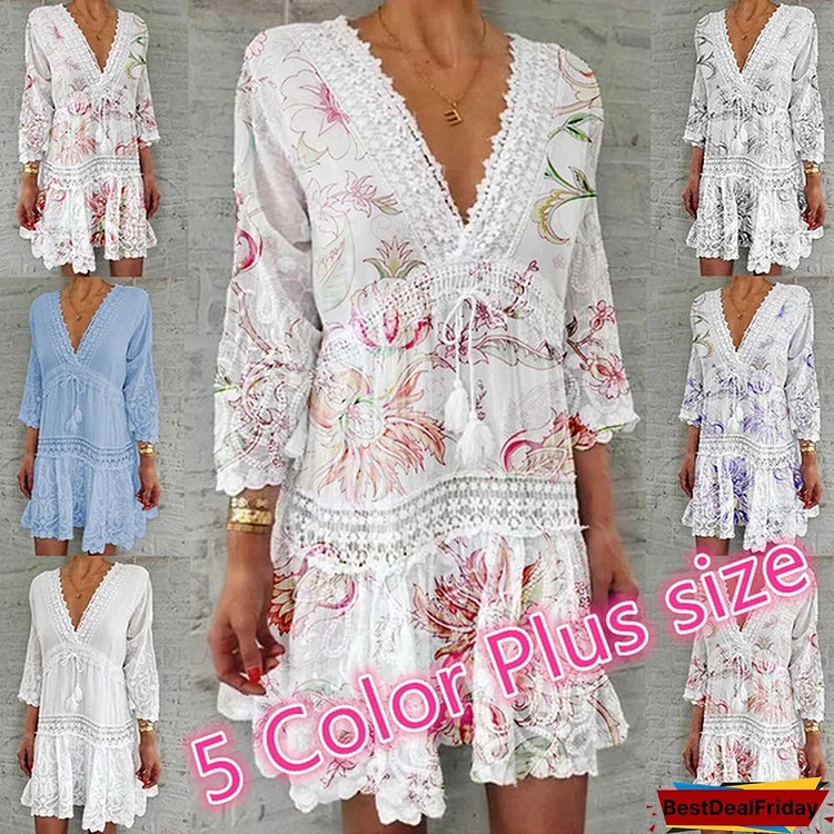 Women Fashion Casual Long Sleeve Floral Printed Holiday Bohemian Dress White Lace Dress Plus Size