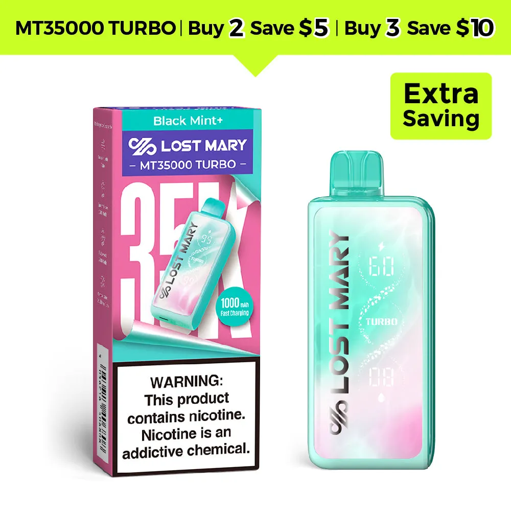 LOST MARY MT35000 Turbo disposable vape, teal with digital display, and pink/teal box.
