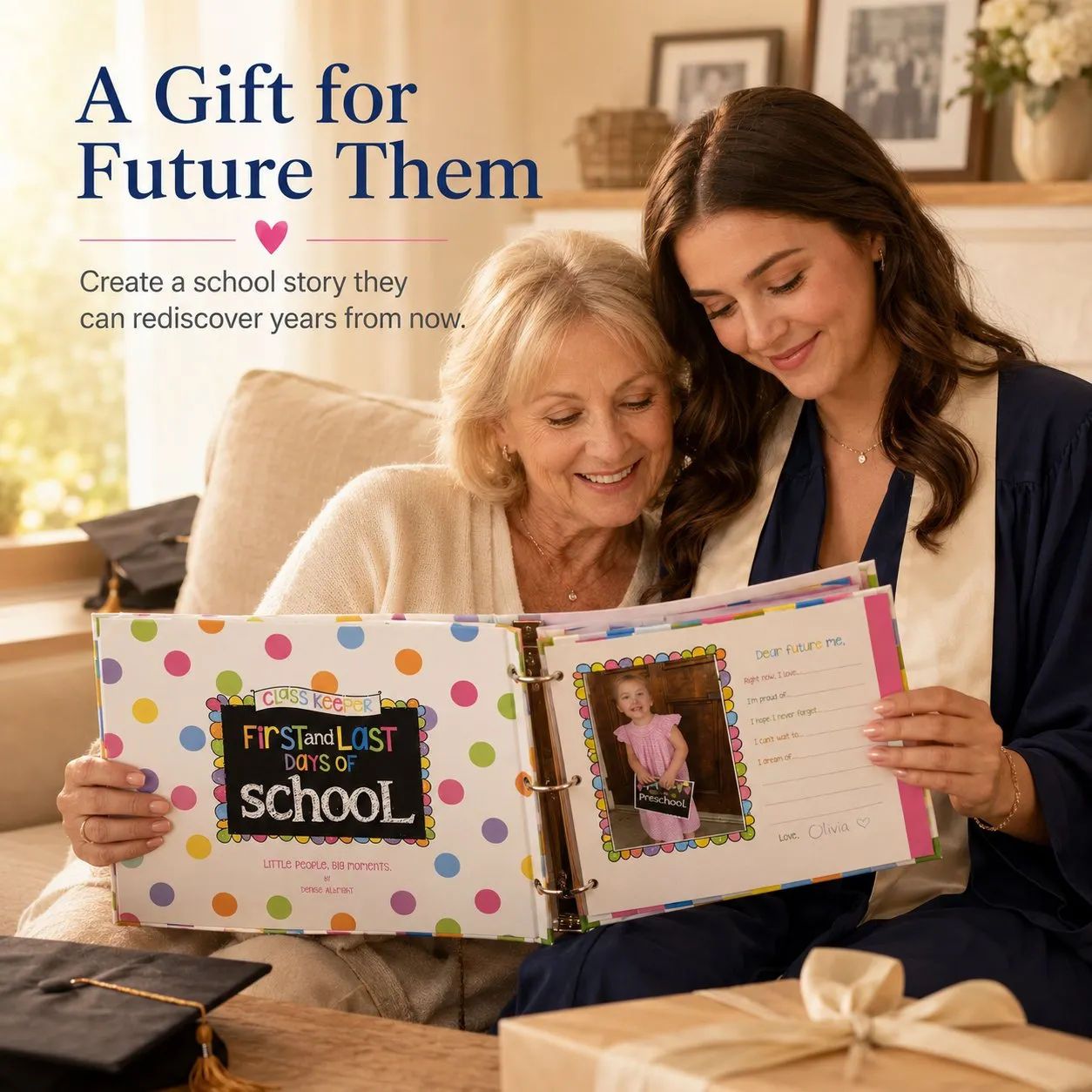 Grandmother and graduate looking through a school memory keepsake binder together in a warm family living room