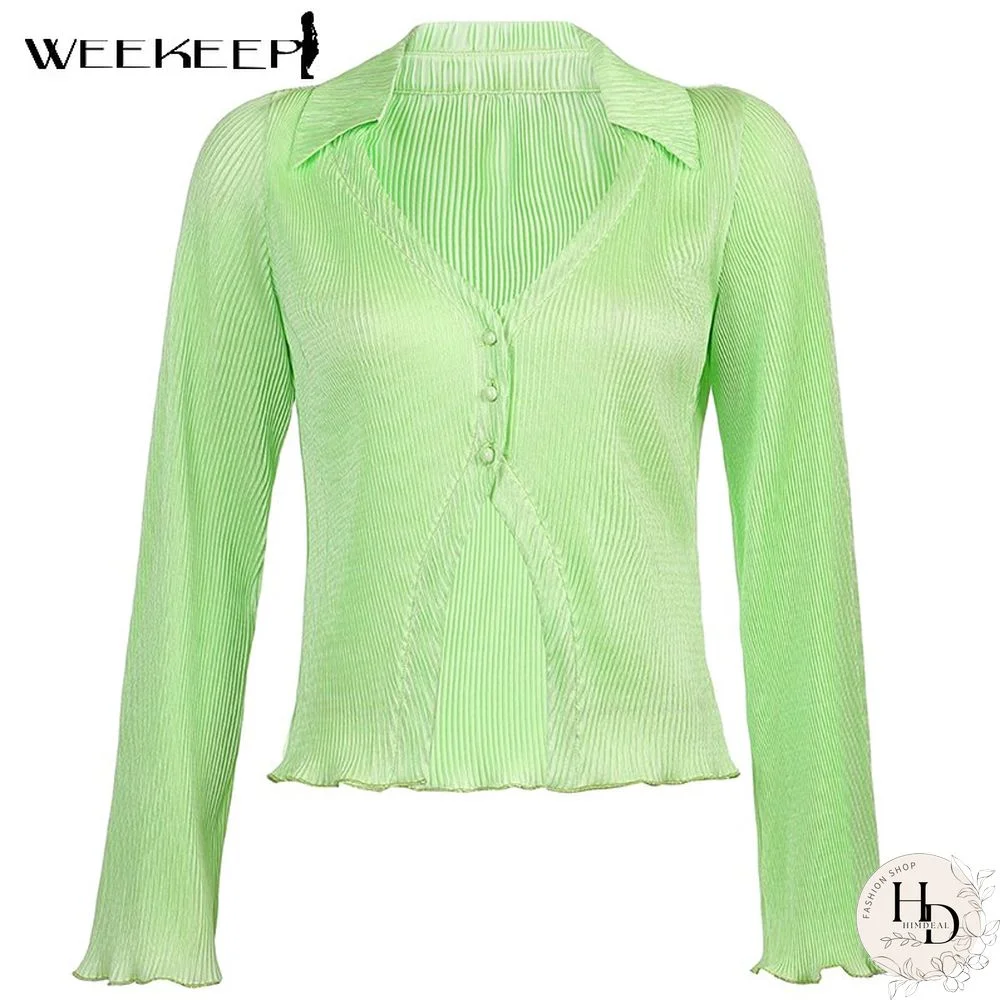 Weekeep Green Elegant Women Blouses Flare Sleeve V Neck Split Sexy Loose Button Up Cardigan Autumn T-Shirt Fashion Office Ladies