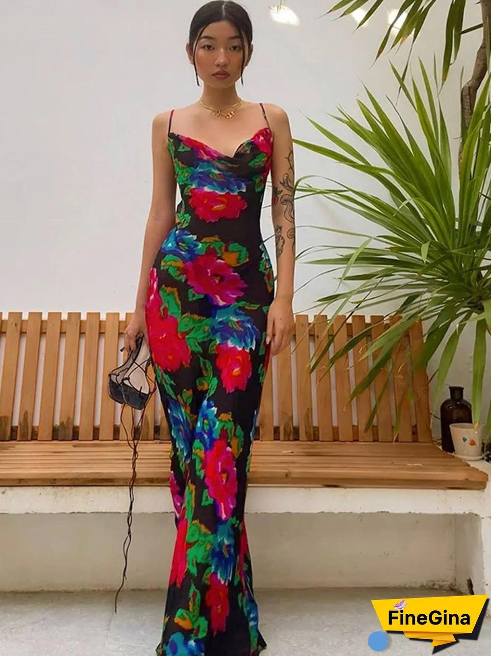 NewAsia Floral Maxi Dress Women Cowl Neck Spaghetti Strap Backless Print Beach Dresses Woman Party Night Sexy Long Dress Black