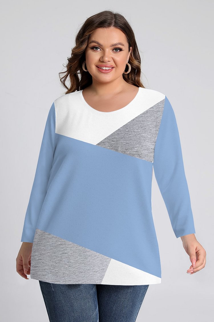 Flycurvy Plus Size Casual Light Blue Colorblock Stitching Long Sleeve T-Shirt  flycurvy [product_label]