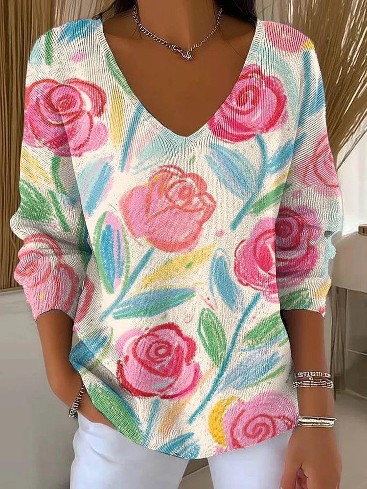 Women's Vintage Floral Art Print Casual Pullover Sweater