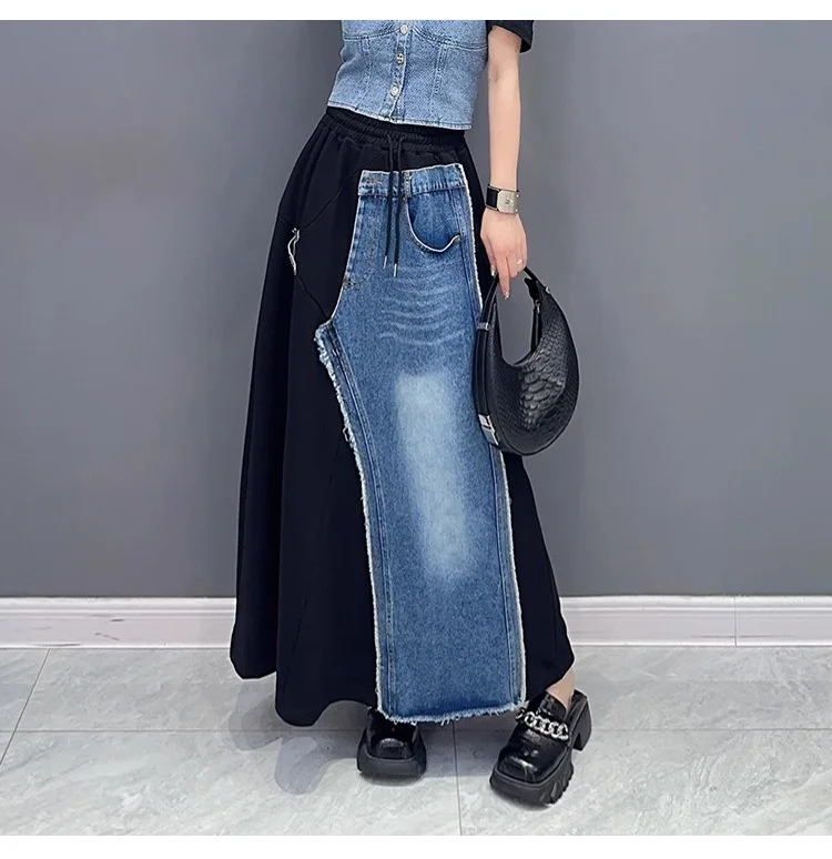 Moongor Street Style Denim Splicing Elastic Waist Skirt