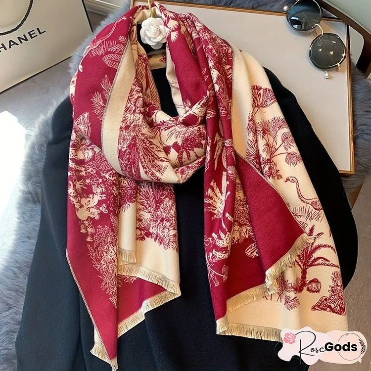 Vintage Plant Flower Jacquard Scarf Imitation Cashmere Elegant Soft Warm Cozy Fringe Shawl Autumn Winter Coldproof Windproof Blanket Scarf