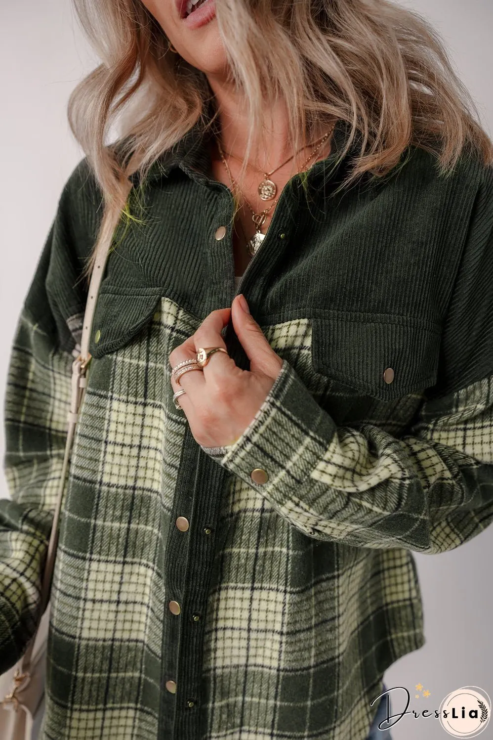 Green Plaid Corduroy Jacket with Pockets