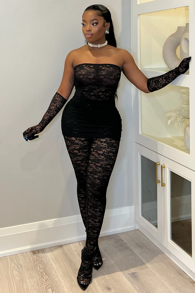 Lace See Through Strapless Bodycon Party Jumpsuit-Black