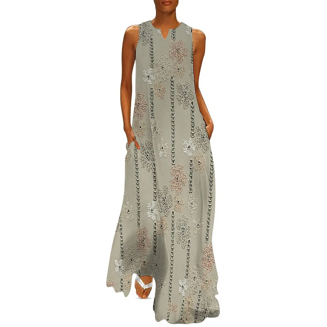 Style & Comfort for Mature Women Plus Size Printed Sleeveless Casual Women Maxi Dress with Pockets in Pattern Khaki, Floral