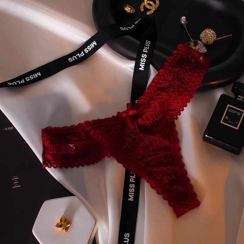 Uveng Uveng Sexy Lace Thong Female Hollow V Waist Pure Desire Bow Breathless Large Peach Butt Trousers