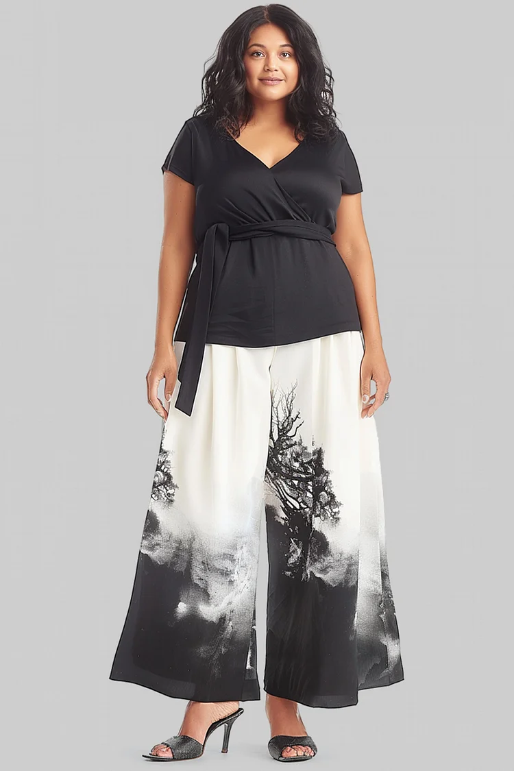 Flycurvy Plus Size Daily Casual Black Ink Painting Print Wide Leg Two Piece Pant Set  Flycurvy [product_label]