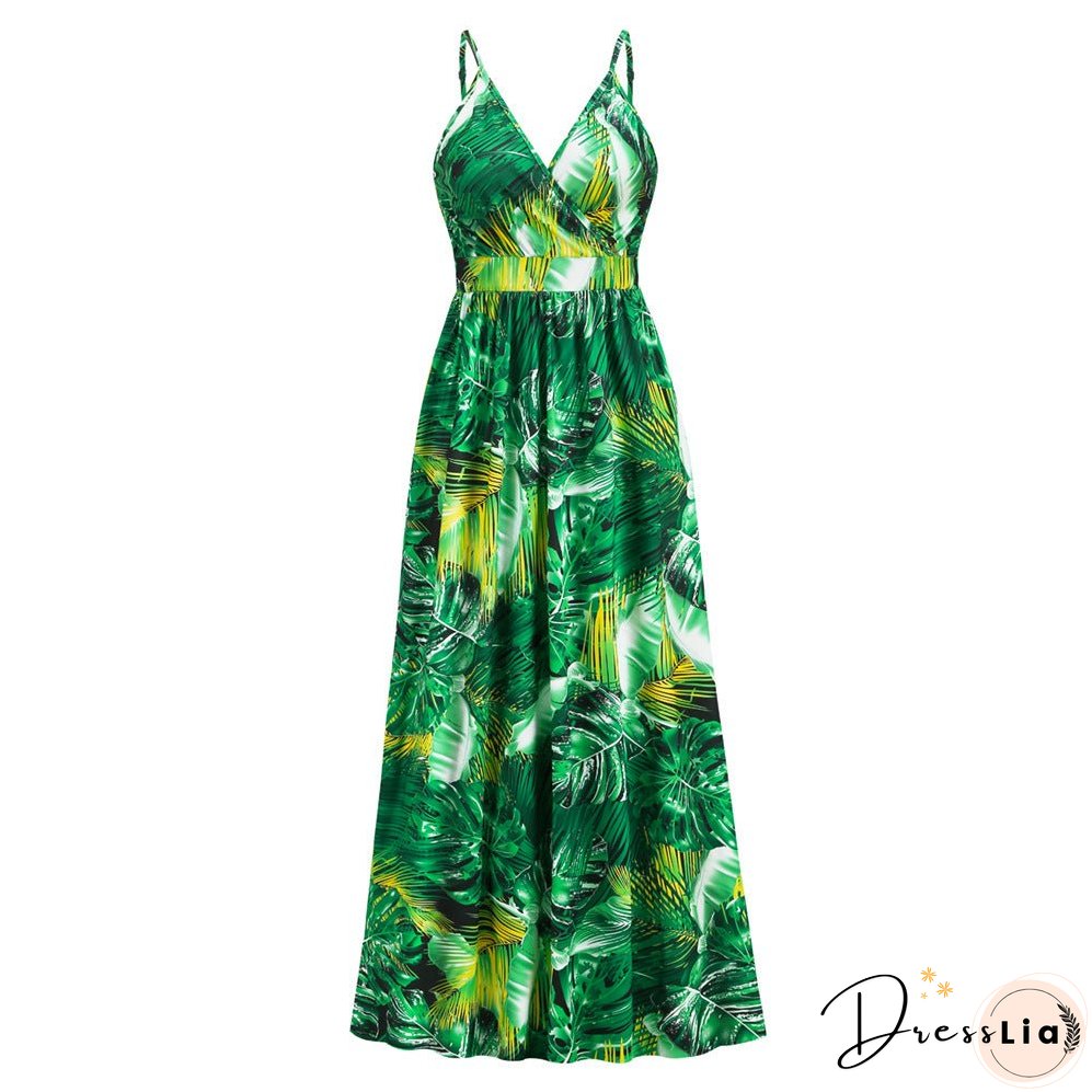 Bohemian print maxi dress sexy V-neck slip dress