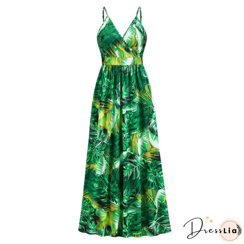 Bohemian print maxi dress sexy V-neck slip dress