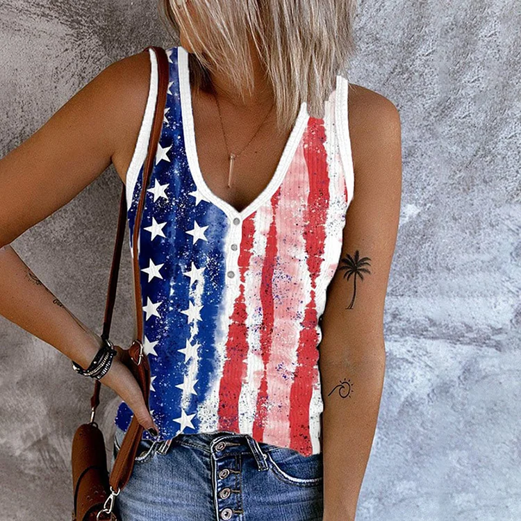 Comstylish American Flag Print V-Neck Tank Top