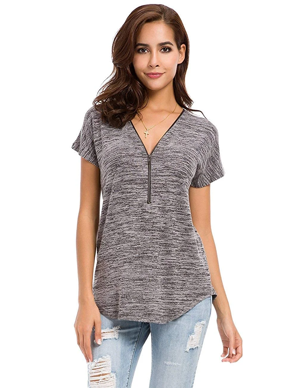 Womens Loose Fitting Zip Up Deep V Neck Short Sleeve Tops Tunic Casual T Shirts Blouse