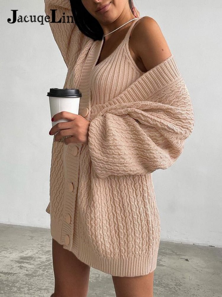 Jacuqeline V Neck Long Sleeve Knitted Sweater Women Cardigan 2021 Winter Sexy Tank Top And Button Oversize Sweaters 2 Piece Set