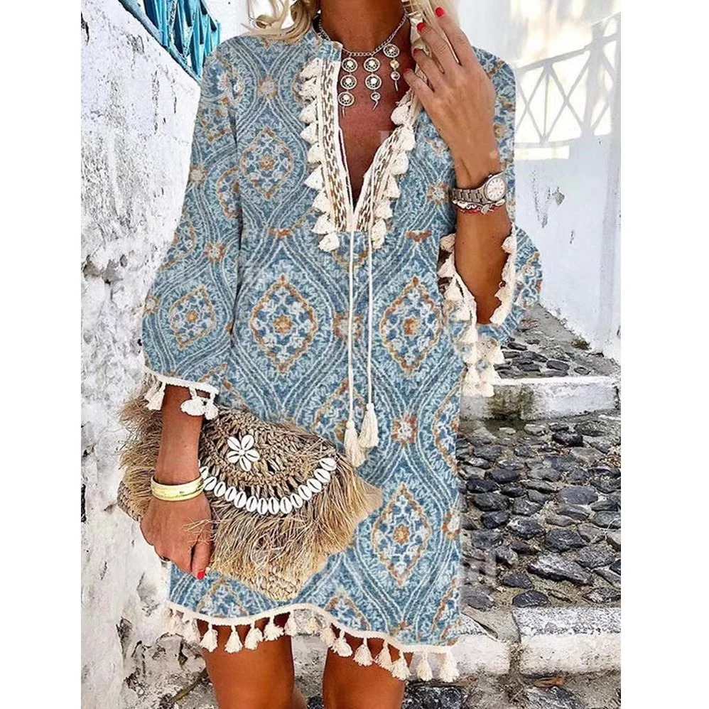 Printed Lace Up Fringed A-line Skirt