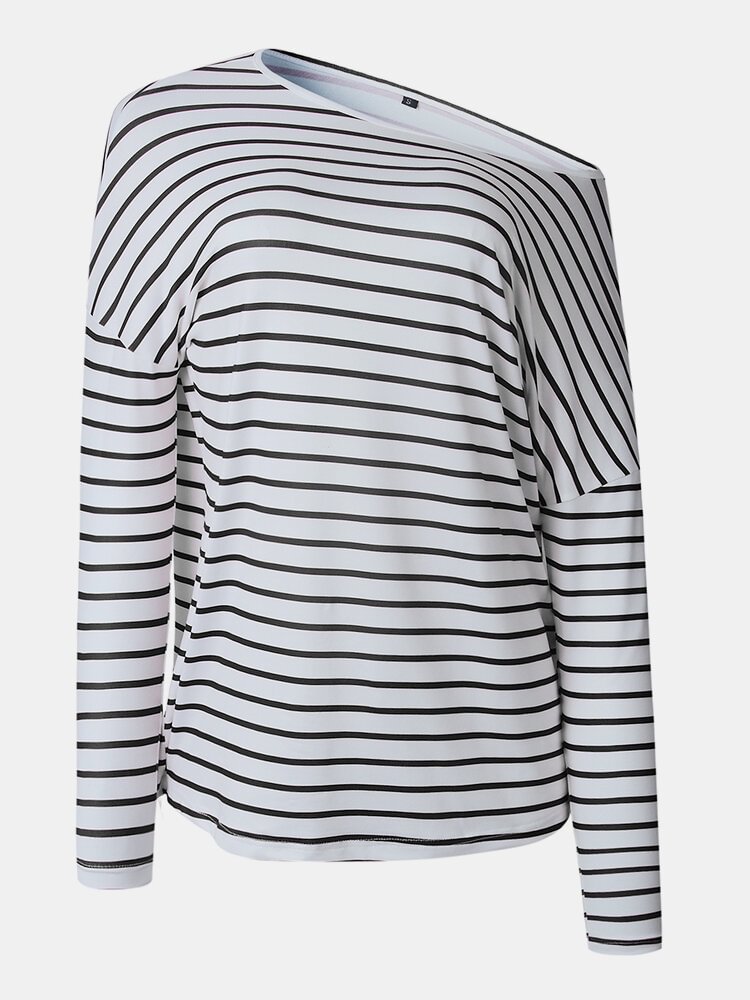 Women Striped Print Off Shoulder Long Sleeve Casual T Shirt P1793578
