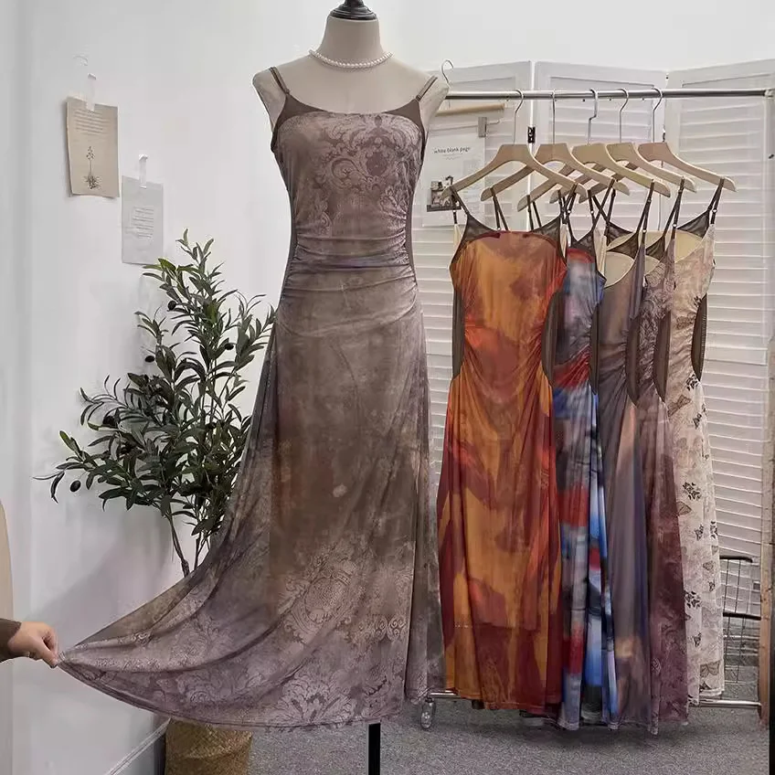 Uveng Sexy Tie-Dye Print Dress Waist Folded Folded Black Back Mesh Slings Long Skirt 888825