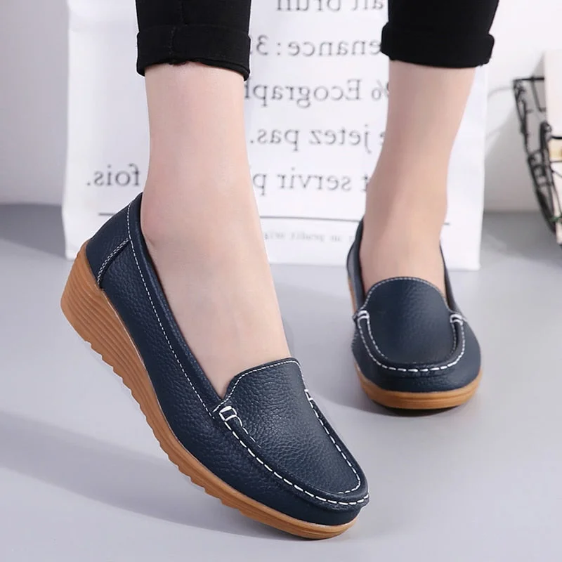Women Flats 2022 Spring Summer Shoes Women Heels 4.3CM Genuine Leather Chaussures Femme Casual Women Loafers Ballet Flat Shoes