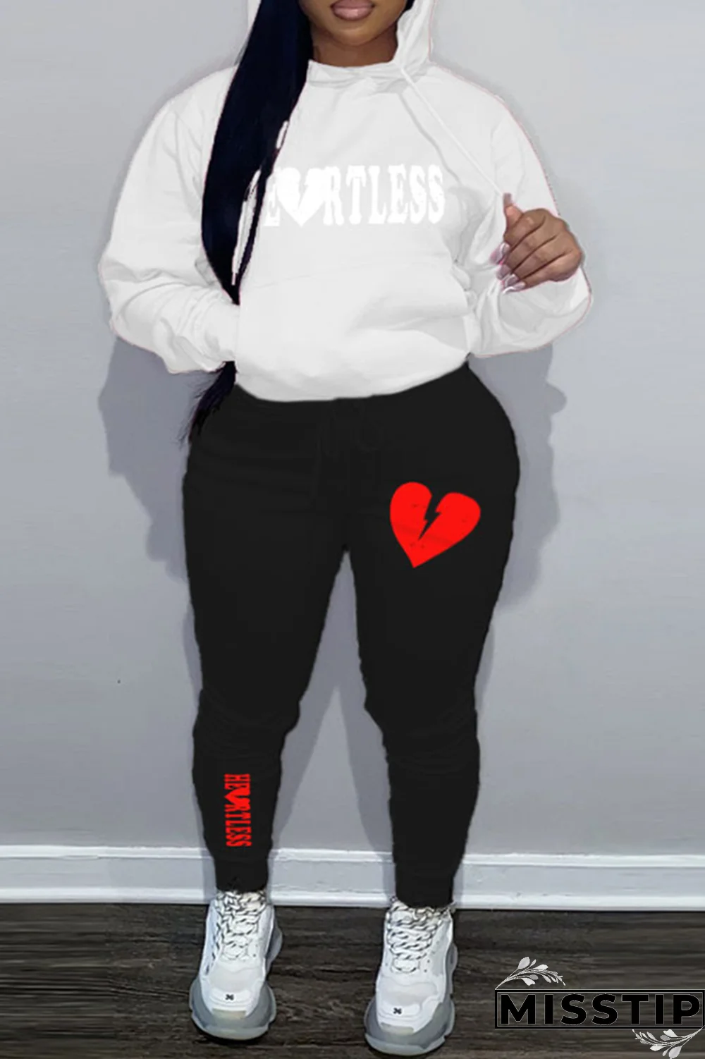 Light Pink Street Print Draw String Hooded Collar Plus Size Two Pieces