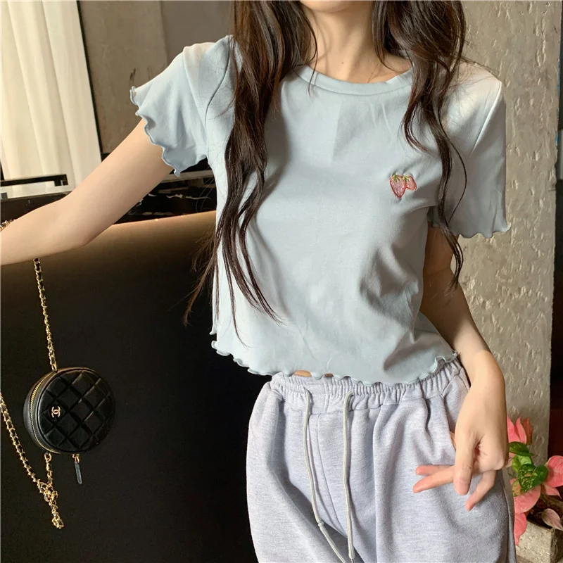 Brownm Brownm Hot Girl Crop Short Style Student Jacket 2024 Summer New Short Sleeve Embroidery Wooden Ear Slim T-Shirt Female Tide