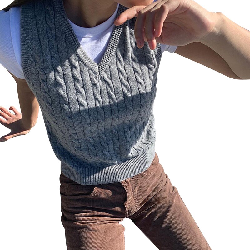 V Neck Vintage Sweater Vest Women Casual Autumn Preppy Style