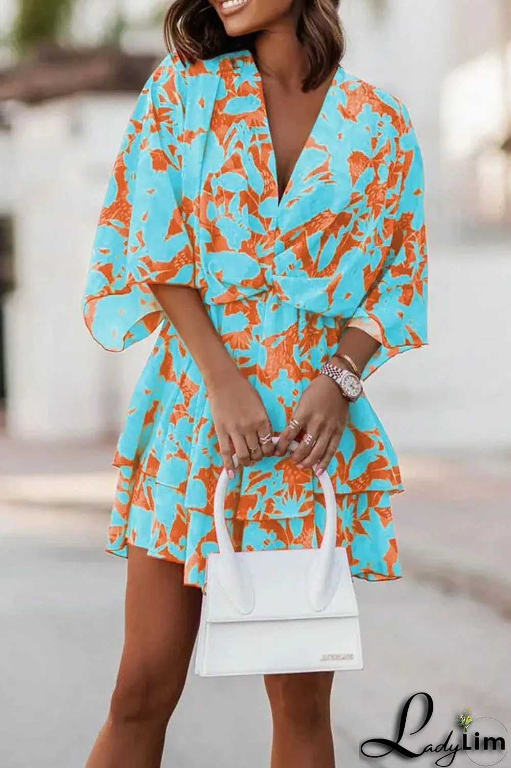 Sky Blue Casual Print Patchwork V Neck Dresses