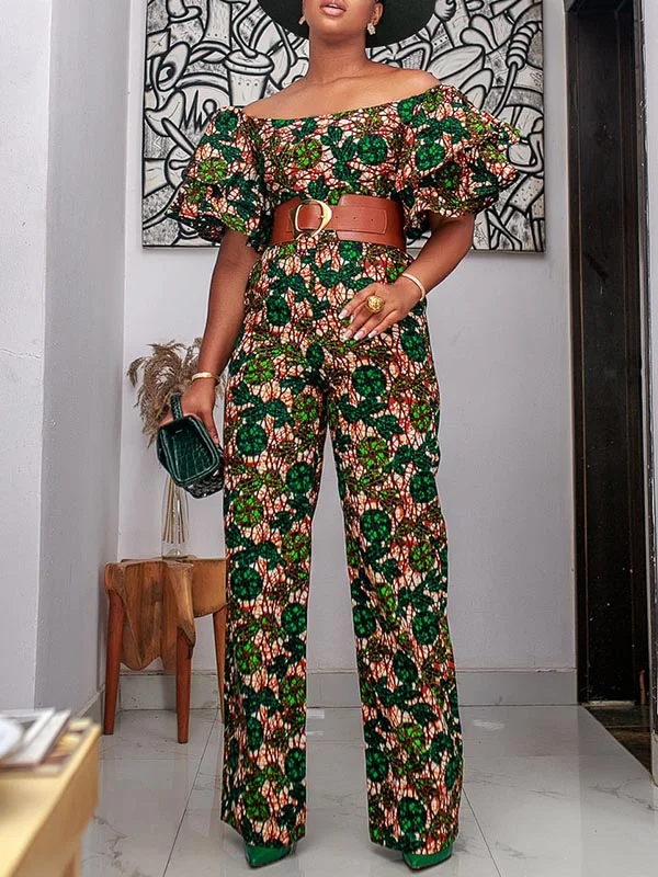 Off-The-Shoulder Floral Printed Falbala Empire Straight Leg Jumpsuits