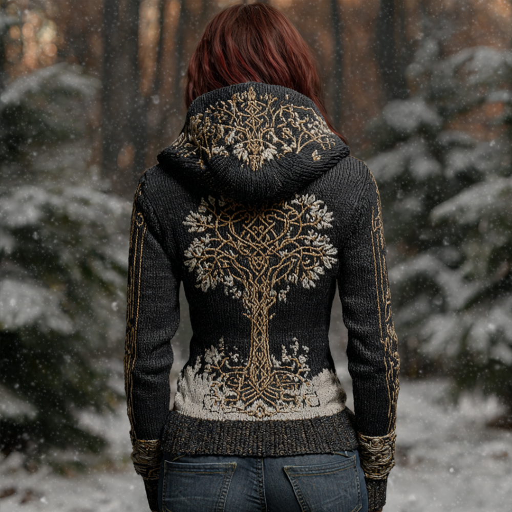 Viking Style Life Tree Celtic Knot Stitch Chunky Knit Hoodie Sweater elevenforest