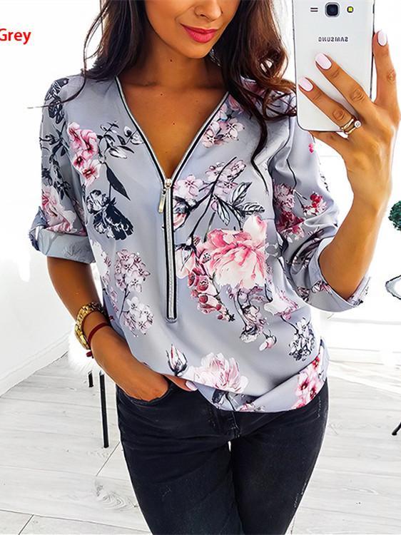 Women Long Sleeve V-neck Floral Printed Coats