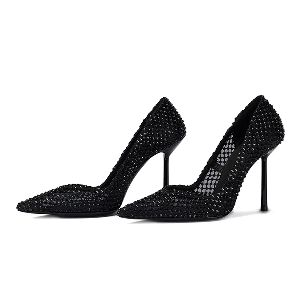 Rhinestone Studded Pointed Toe Stiletto Heel Black Pumps for Women