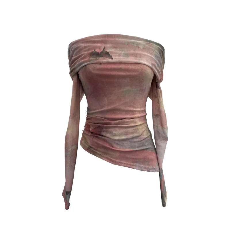 Uveng Real Shooting Design Dizzling A Word On The Shoulder Of The Women's Net Exposed Shoulder Long Sleeves Irregularly Folded Short T-Shirt 1198