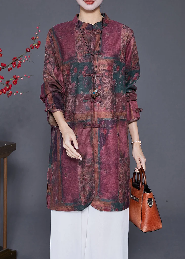 Red Tie Dye Linen Long Shirts Chinese Button Fall