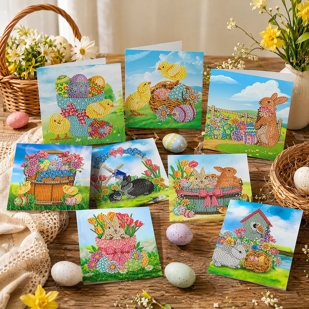 8PCS Chick Rabbit DIY Diamond Painting Greeting Card Kits with Envelopes Diamond Art Greeting Cards Diamond Art Cards Kits for Adults DIY Crafts Family Friend Gifts