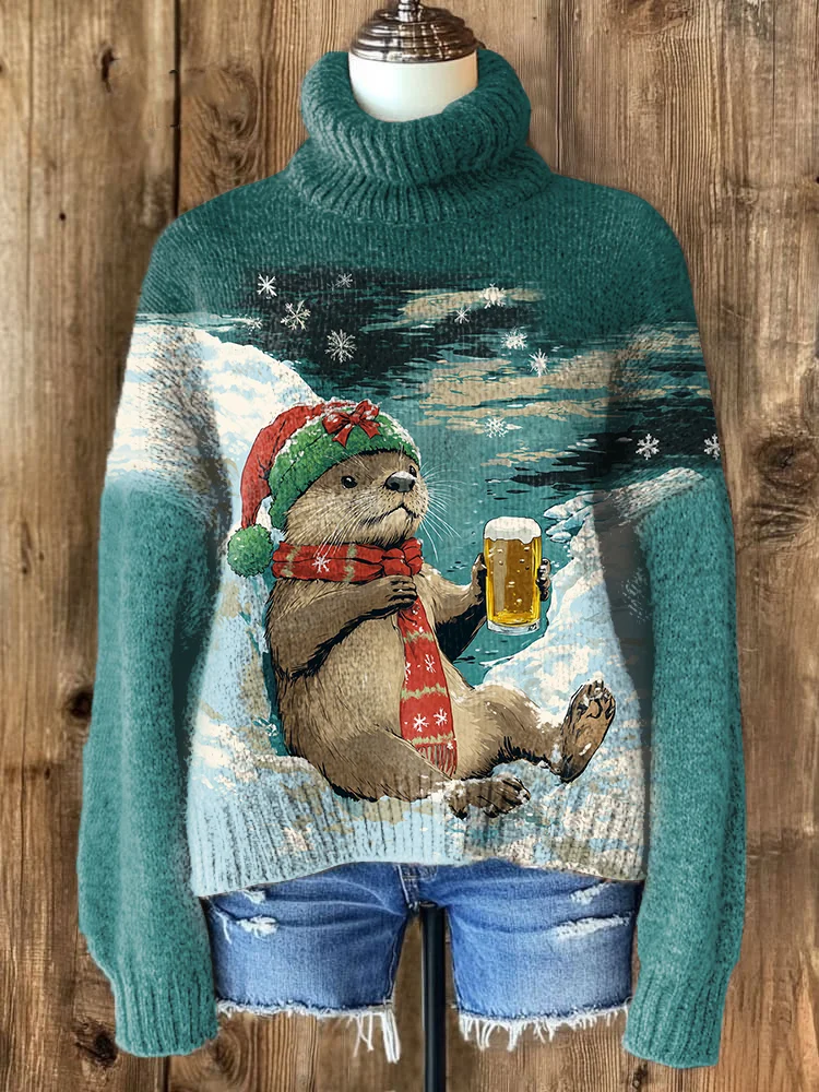Women's Christmas Otter Snow Beer Art High Neck Knit Sweatshirt