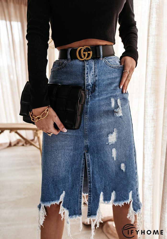 Spring Summer Women's High Waist Front Slit Denim Long Skirt | IFYHOME