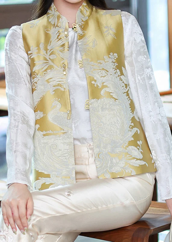 Chinese Style Yellow Stand Collar Print Side Open Waistcoat Spring