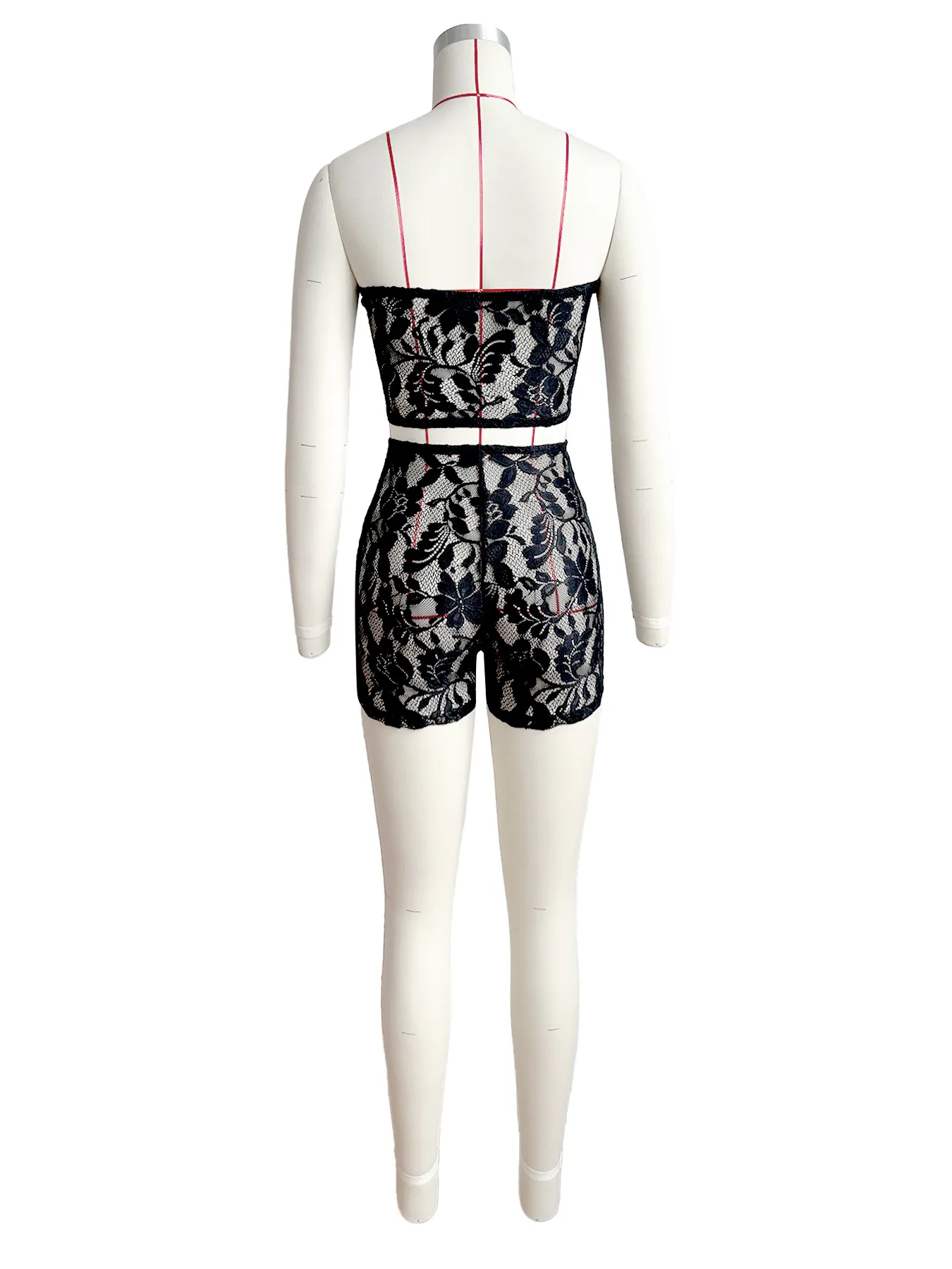 Women Clothing Sexy Semi Transparent Lace Tube Top Shorts Two Piece Set