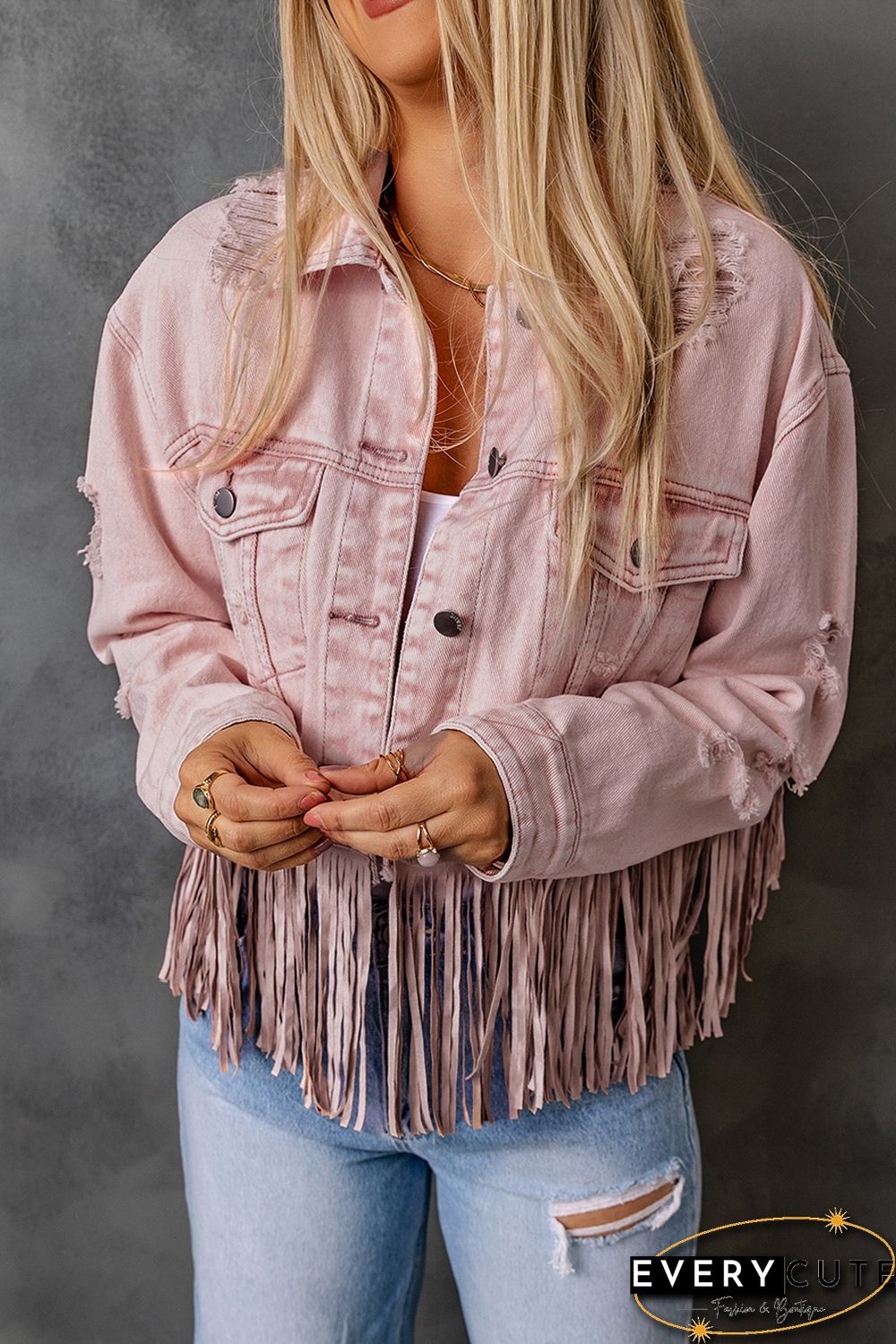 Pink Distressed Fringed Cropped Denim Jacket