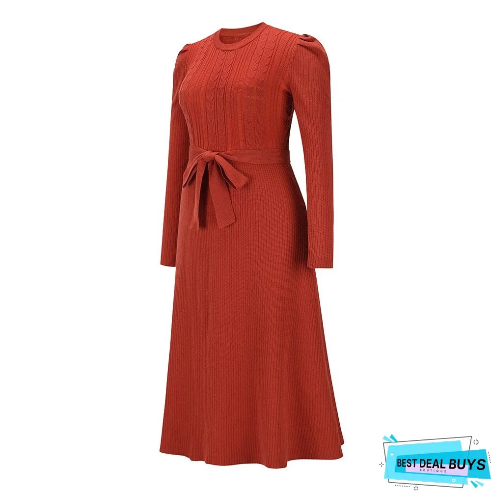 Bubble Long Sleeve Knitted Skirt Medium Long Wool Dress Black Dresses