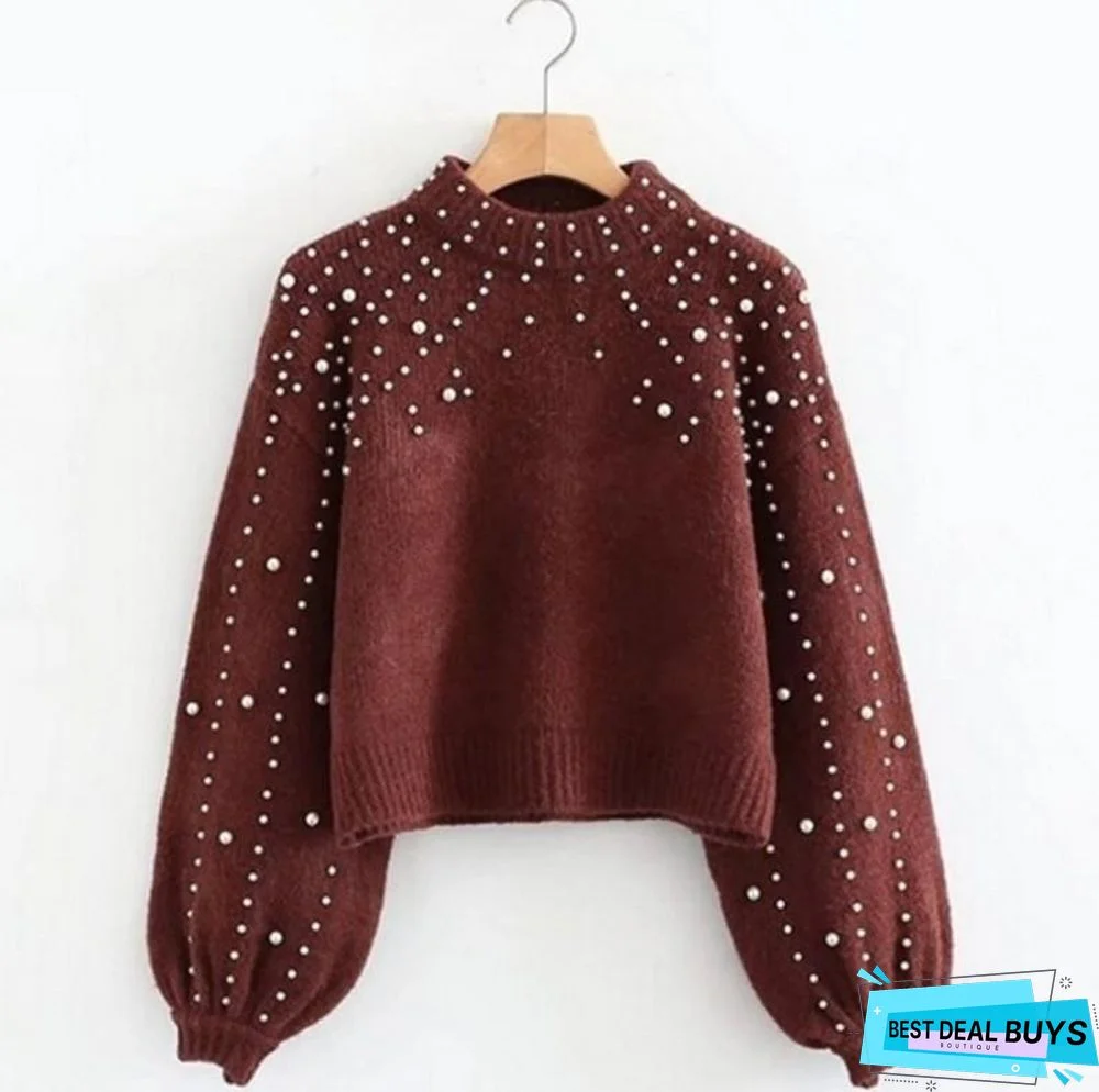 Round Neck Sweater Ladies Pullover Beaded Sweater