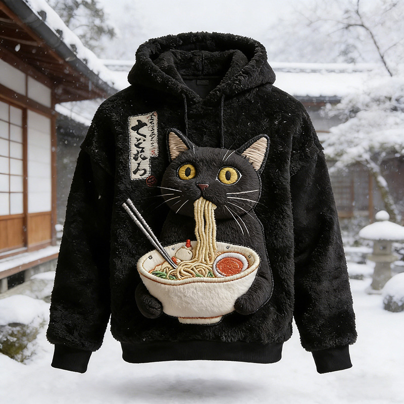 Men's Funny Black Cat Eating Ramen Graphic Japanese Print Casual Flannel Hoodie  artssus