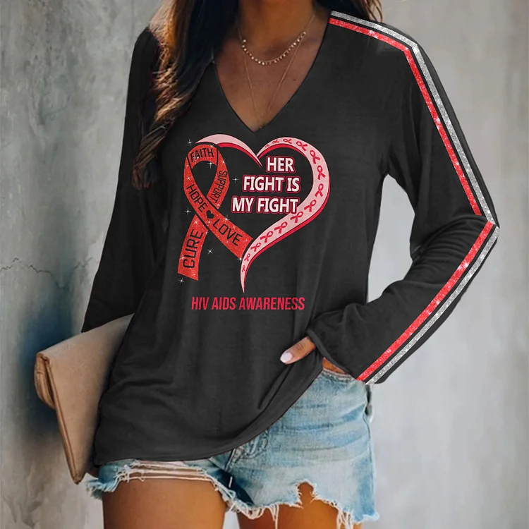 Wearshes HIV AIDS AWARENESS Printed V Neck Long Sleeve Casual T-Shirt
