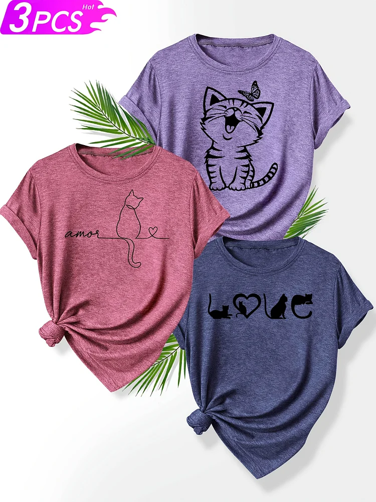 A Set Of Three Stylish And Simple T-Shirts Featuring Clear Lines, Heart Designs, And Cat Patterns, Perfect For Women's Casual Sportswear In Spring, Autumn, And Summer. Available In Multiple Colors And Sizes S-Xxl