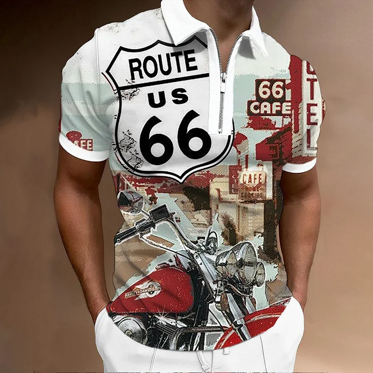 Route 66 Vintage Short Sleeve Zipper Men's Polo Shirts at Hiphopee