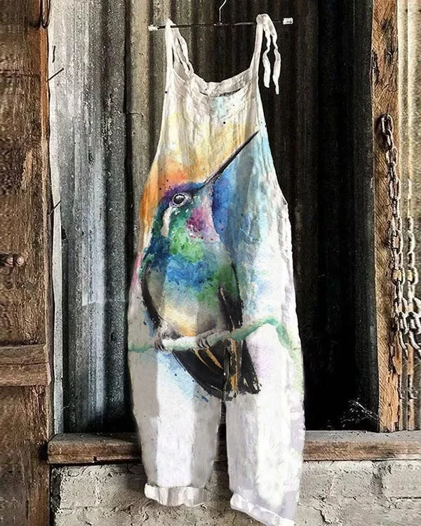 Women's Hummingbird  Pattern Loose Casual Jumpsuit