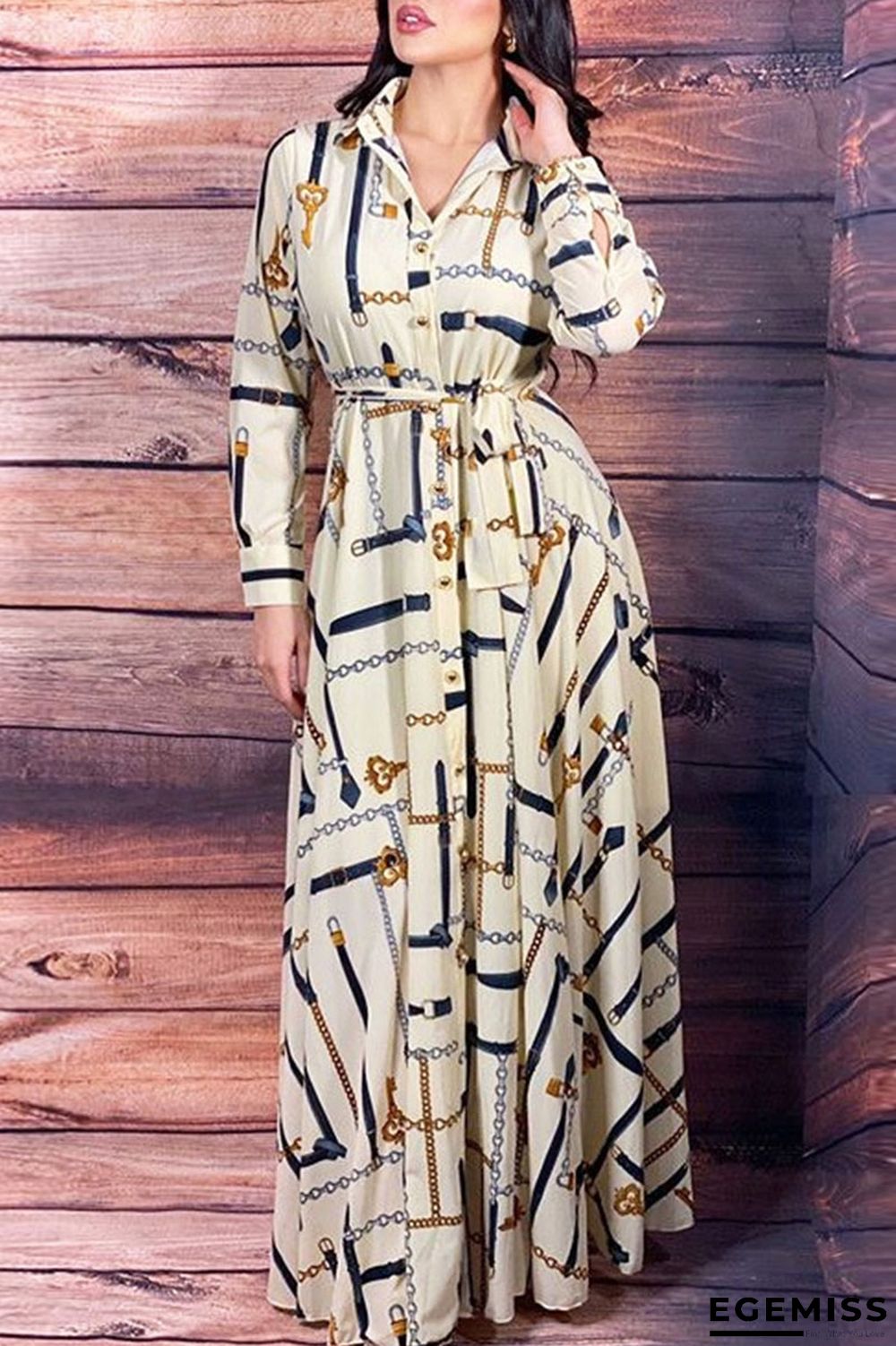 White Casual Print Patchwork Buckle Turndown Collar Shirt Dress Dresses | EGEMISS