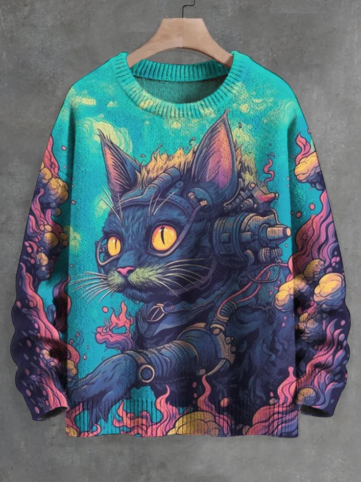 Men's Cat Underwater Diving Print Knit Sweatshirt